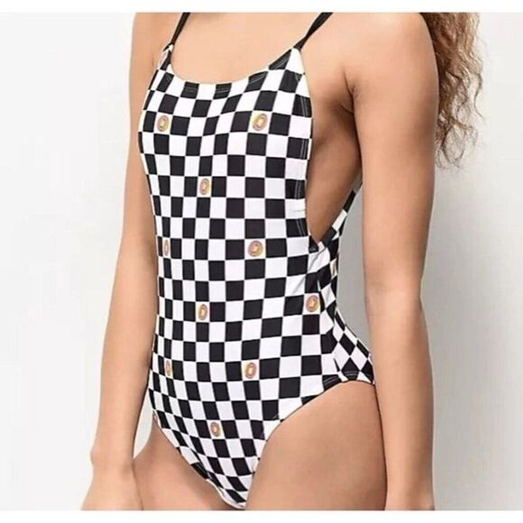 Odd Future Women’s Black & White Donut Checkered One Piece Bathing Suit Medium - Picture 1 of 10